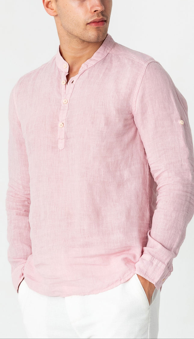 Band Collar Linen Shirt - Pink