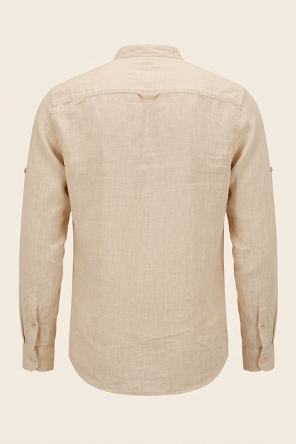 Men's Linen Band Collar Shirt - Beige - Back - Ron Tomson