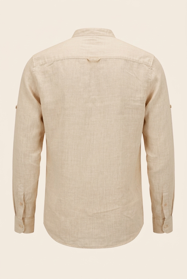 Men's Linen Band Collar Shirt - Beige - Back - Ron Tomson