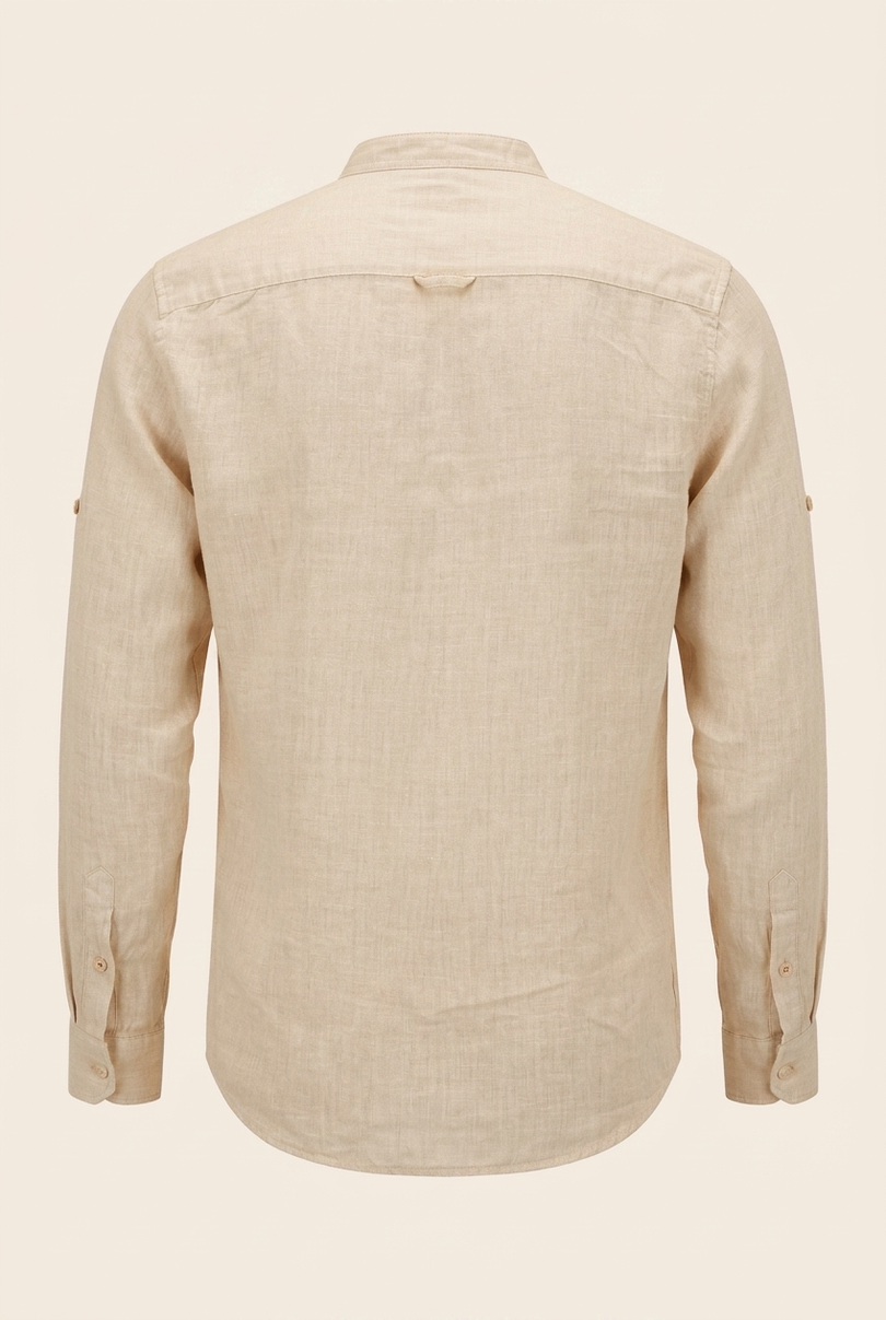 Men's Linen Band Collar Shirt - Beige - Back - Ron Tomson