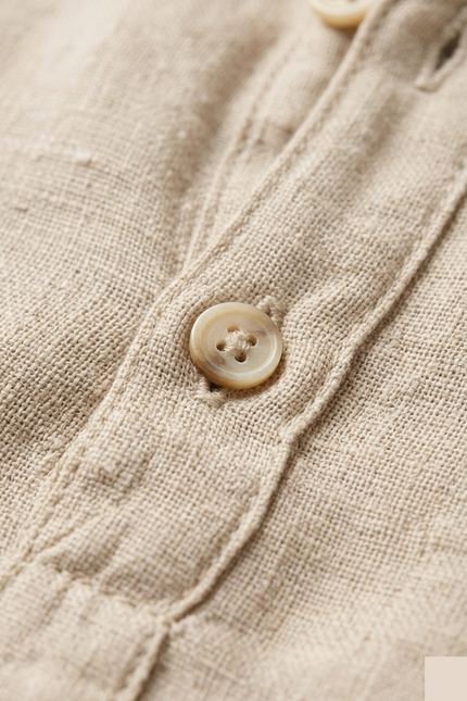Men's Linen Band Collar Shirt - Beige - Detail - Ron Tomson