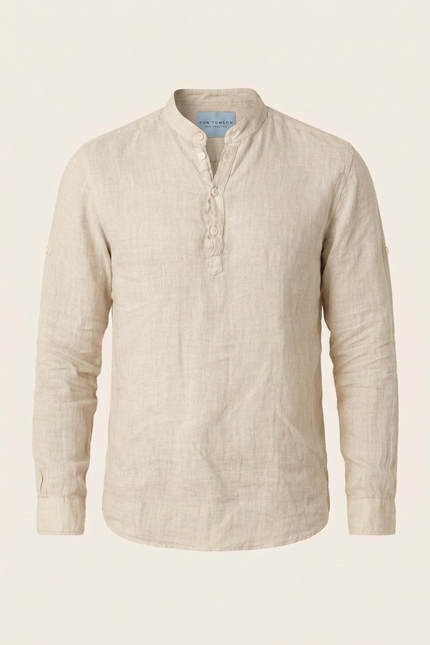 Men's Linen Band Collar Shirt - Beige - Ron Tomson