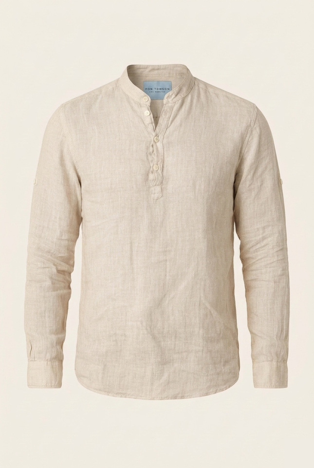 Men's Linen Band Collar Shirt - Beige - Ron Tomson