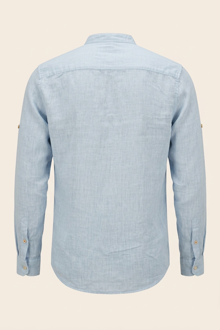 Men's Linen Band Collar Shirt - Blue - Back - Ron Tomson