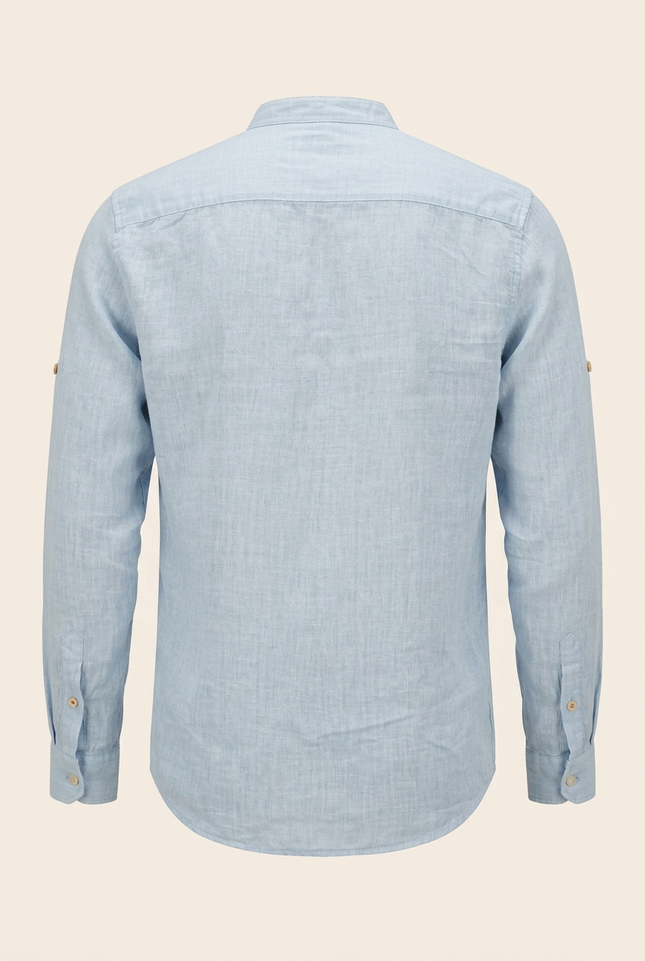 Men's Linen Band Collar Shirt - Blue - Back - Ron Tomson