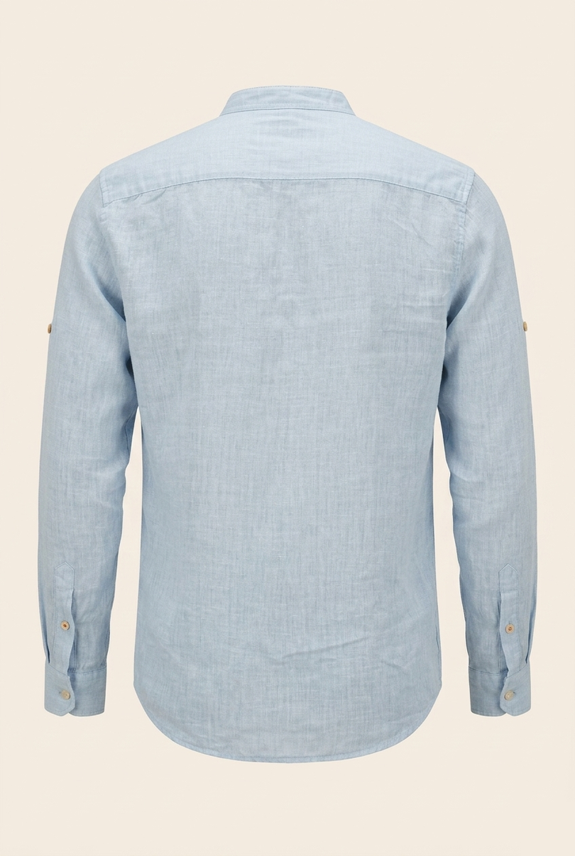 Men's Linen Band Collar Shirt - Blue - Back - Ron Tomson
