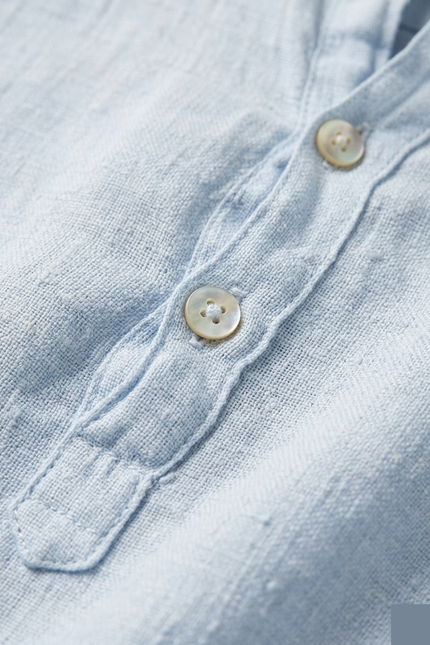 Men's Linen Band Collar Shirt - Blue - Detail - Ron Tomson