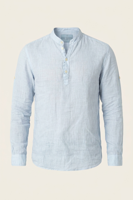 Men's Linen Band Collar Shirt - Blue - Ron Tomson
