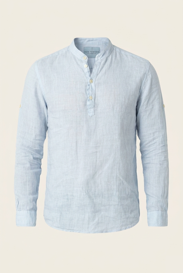 Men's Linen Band Collar Shirt - Blue - Ron Tomson