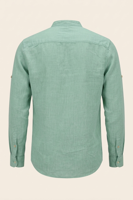Men's Linen Band Collar Shirt - Mint - Back - Ron Tomson