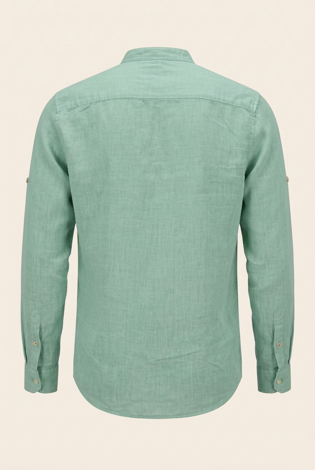 Men's Linen Band Collar Shirt - Mint - Back - Ron Tomson