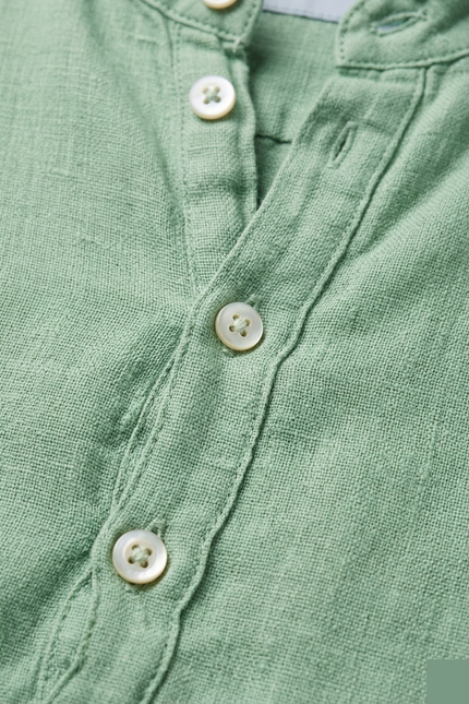 Men's Linen Band Collar Shirt - Mint - Detail - Ron Tomson