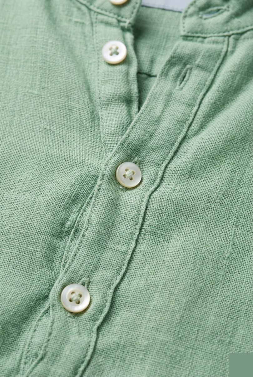Men's Linen Band Collar Shirt - Mint - Detail - Ron Tomson
