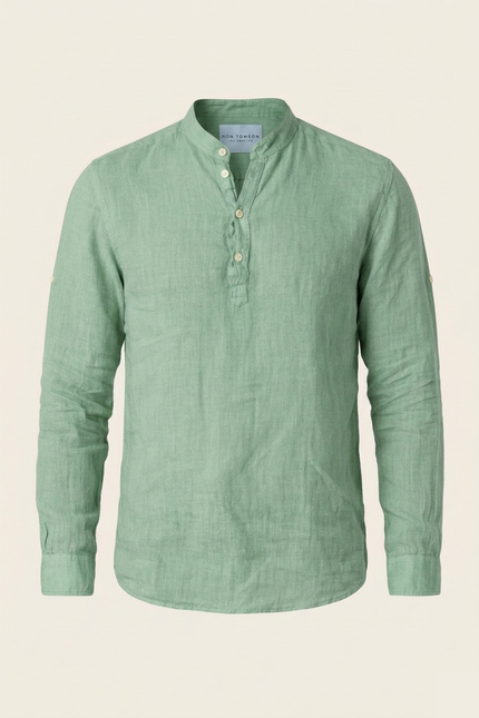 Men's Linen Band Collar Shirt - Mint - Ron Tomson
