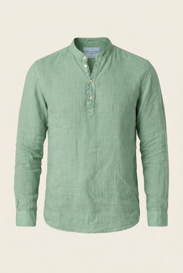 Men's Linen Band Collar Shirt - Mint - Ron Tomson