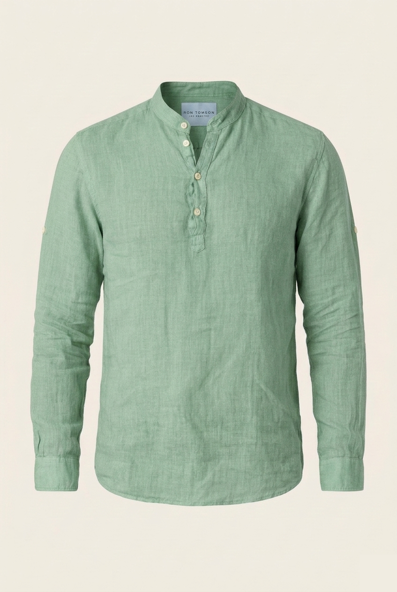 Men's Linen Band Collar Shirt - Mint - Ron Tomson