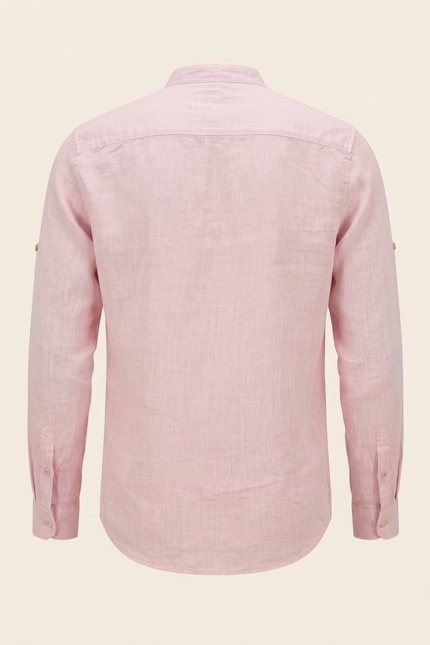 Men's Linen Band Collar Shirt - Pink - Back - Ron Tomson