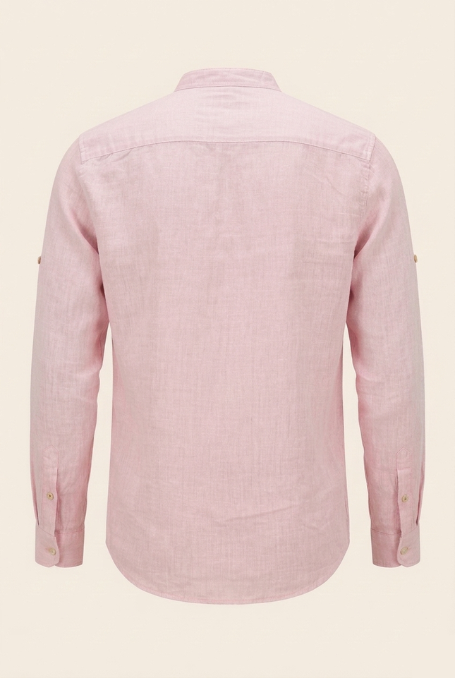 Men's Linen Band Collar Shirt - Pink - Back - Ron Tomson