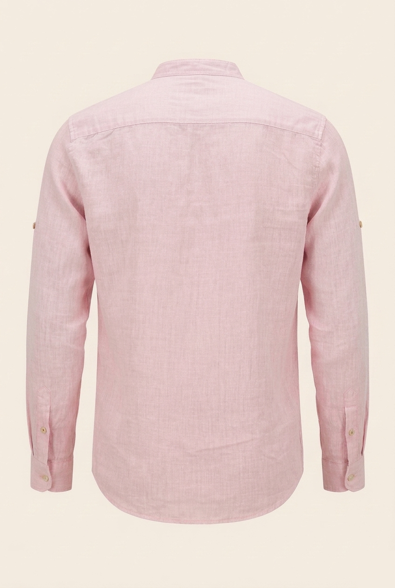 Men's Linen Band Collar Shirt - Pink - Back - Ron Tomson