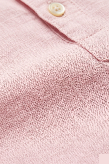 Men's Linen Band Collar Shirt - Pink - Detail - Ron Tomson