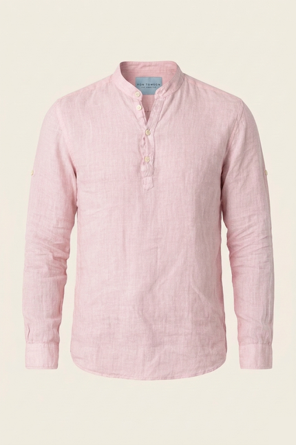 Men's Linen Band Collar Shirt - Pink - Ron Tomson