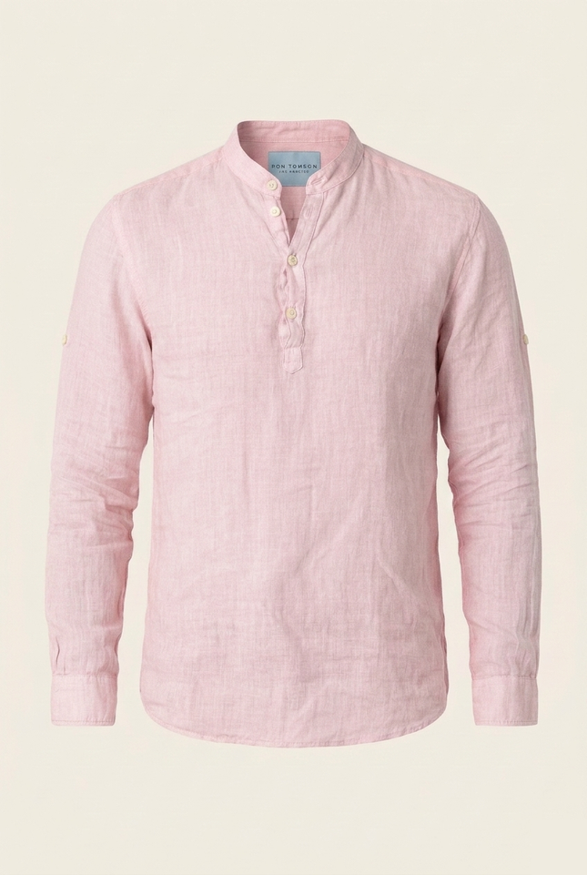 Men's Linen Band Collar Shirt - Pink - Ron Tomson