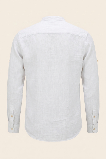Men's Linen Band Collar Shirt - White - Back - Ron Tomson