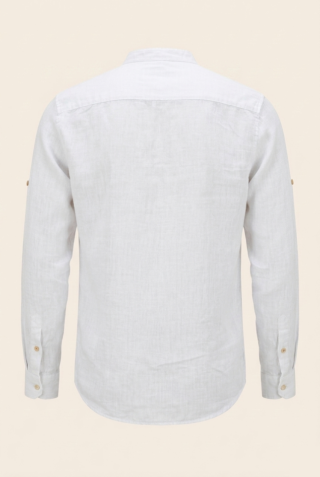 Men's Linen Band Collar Shirt - White - Back - Ron Tomson