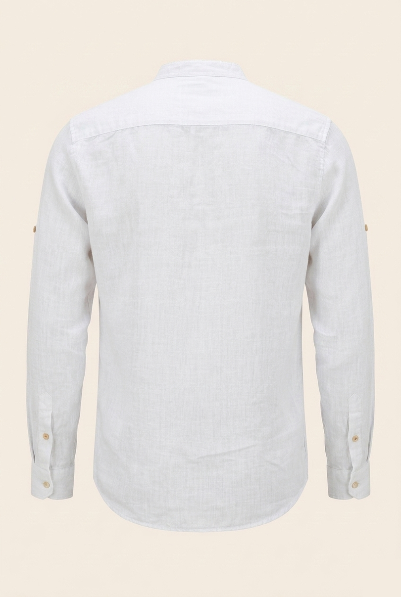 Men's Linen Band Collar Shirt - White - Back - Ron Tomson