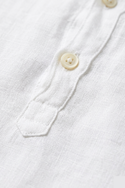 Men's Linen Band Collar Shirt - White - Detail - Ron Tomson