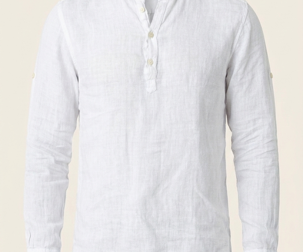 Men's Linen Mandarin Collar Shirt - White | Ron Tomson