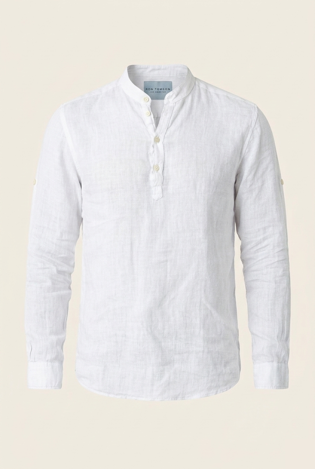 band collar dress shirts for men Men's Linen Mandarin Collar Shirt - White