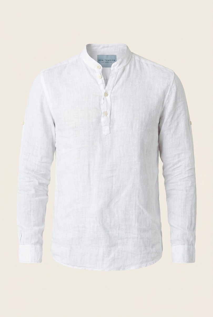Men's Linen Band Collar Shirt - White - Ron Tomson