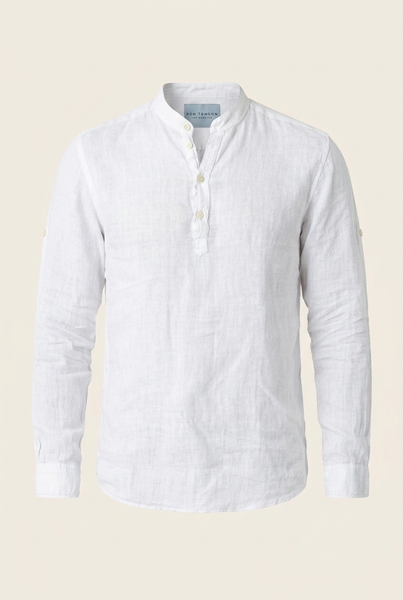 Men's Linen Mandarin Collar Shirt - White | Ron Tomson