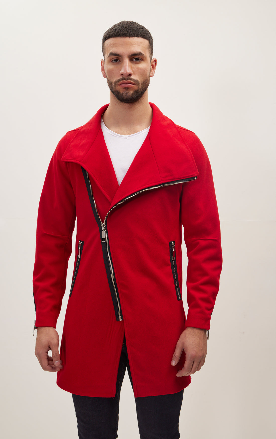 Asymmetrical Zipper Closure Coat - Red