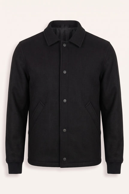 Snap Closure Collared Walking Jacket - Black - Front View