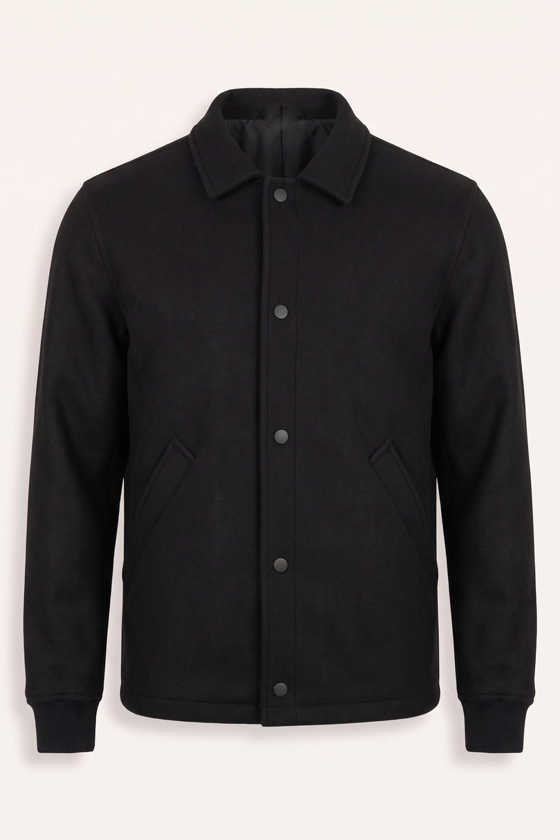 Snap Closure Collared Walking Jacket - Black - Front View