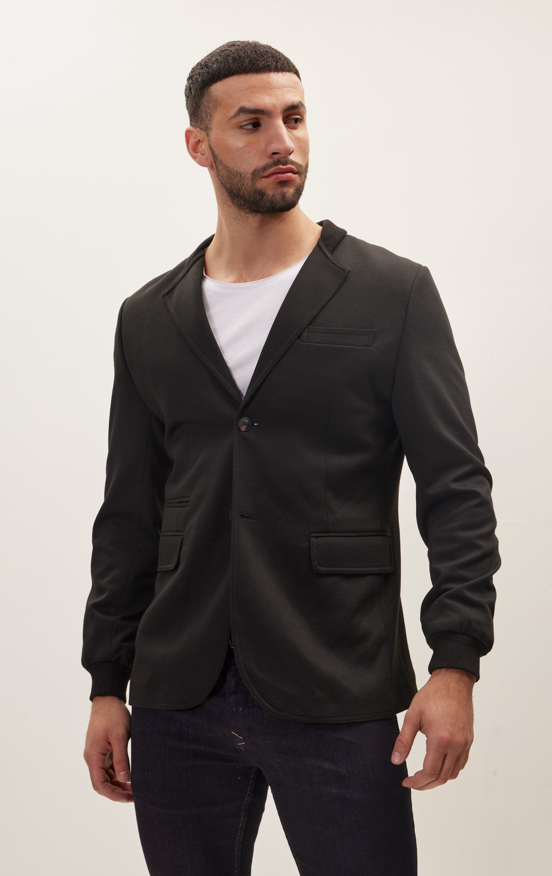 Elastic Cuff And Neck Detail Fitted Blazer - Black