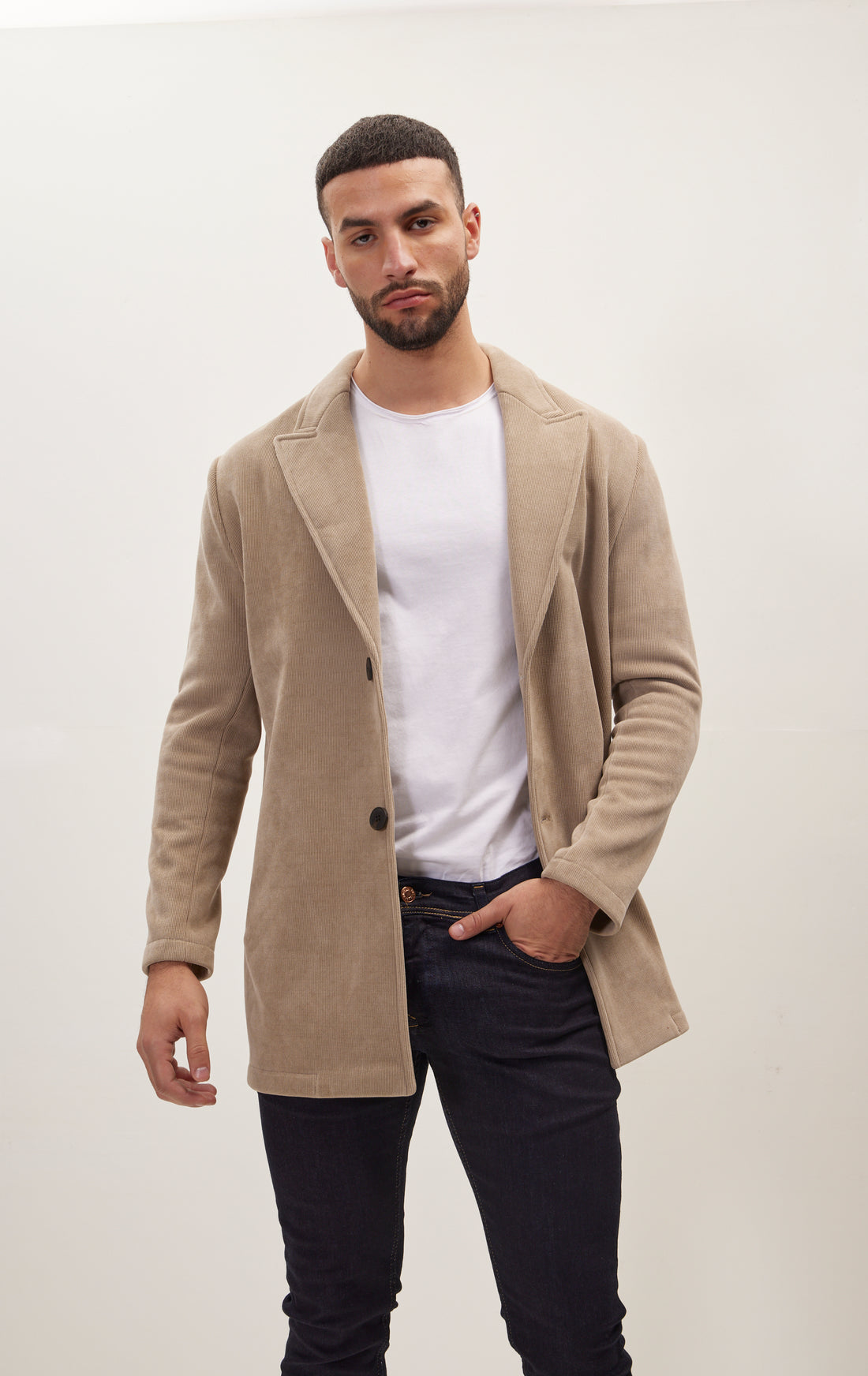 Relaxed Corduroy Button Closure Jacket - Beige