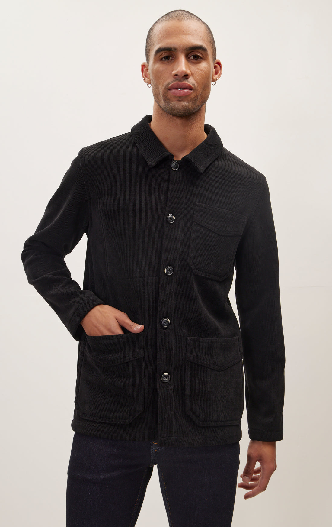 Relaxed Corduroy Button Closure Jacket - Black