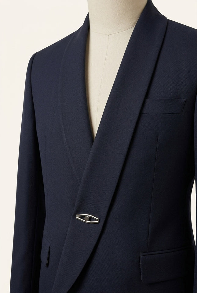 Ron Tomson Dramatic Shawl Lapel Tuxedo Set Navy - close-up detail of asymmetric wrap closure and silver clasp