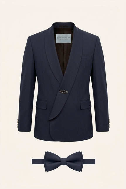 Ron Tomson Dramatic Shawl Lapel Tuxedo Set Navy with asymmetric wrap closure and silver clasp