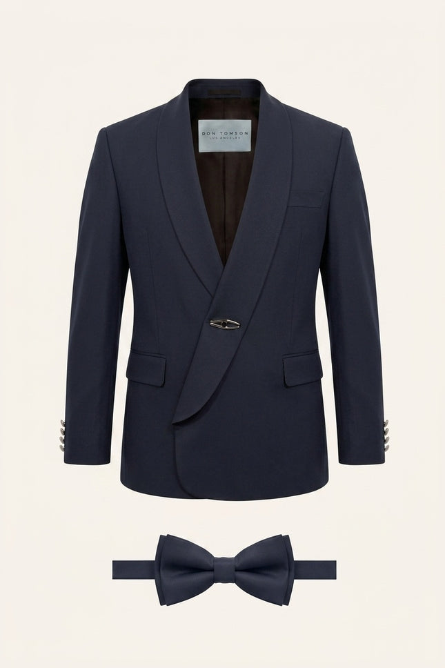 Ron Tomson Dramatic Shawl Lapel Tuxedo Set Navy with asymmetric wrap closure and silver clasp