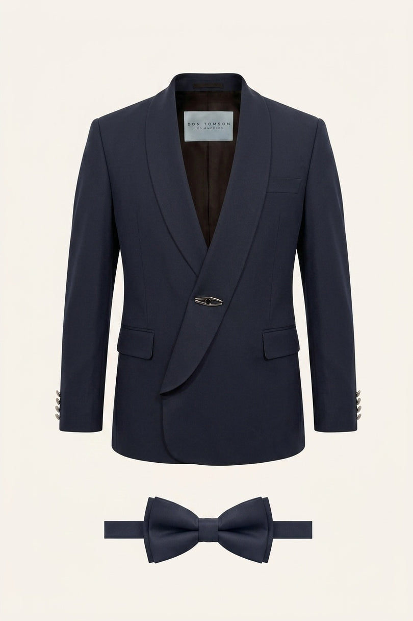 Ron Tomson Dramatic Shawl Lapel Tuxedo Set Navy with asymmetric wrap closure and silver clasp