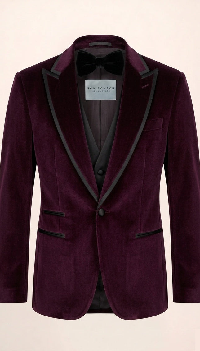 Ron Tomson Trim Peak Lapel Velvet Tuxedo Set - Burgundy