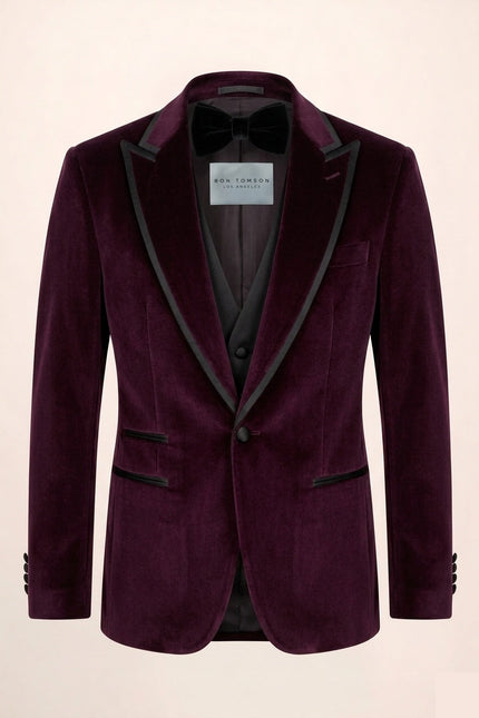 Ron Tomson Trim Peak Lapel Velvet Tuxedo Set - Burgundy