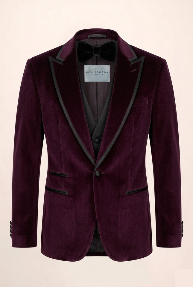 Ron Tomson Trim Peak Lapel Velvet Tuxedo Set - Burgundy
