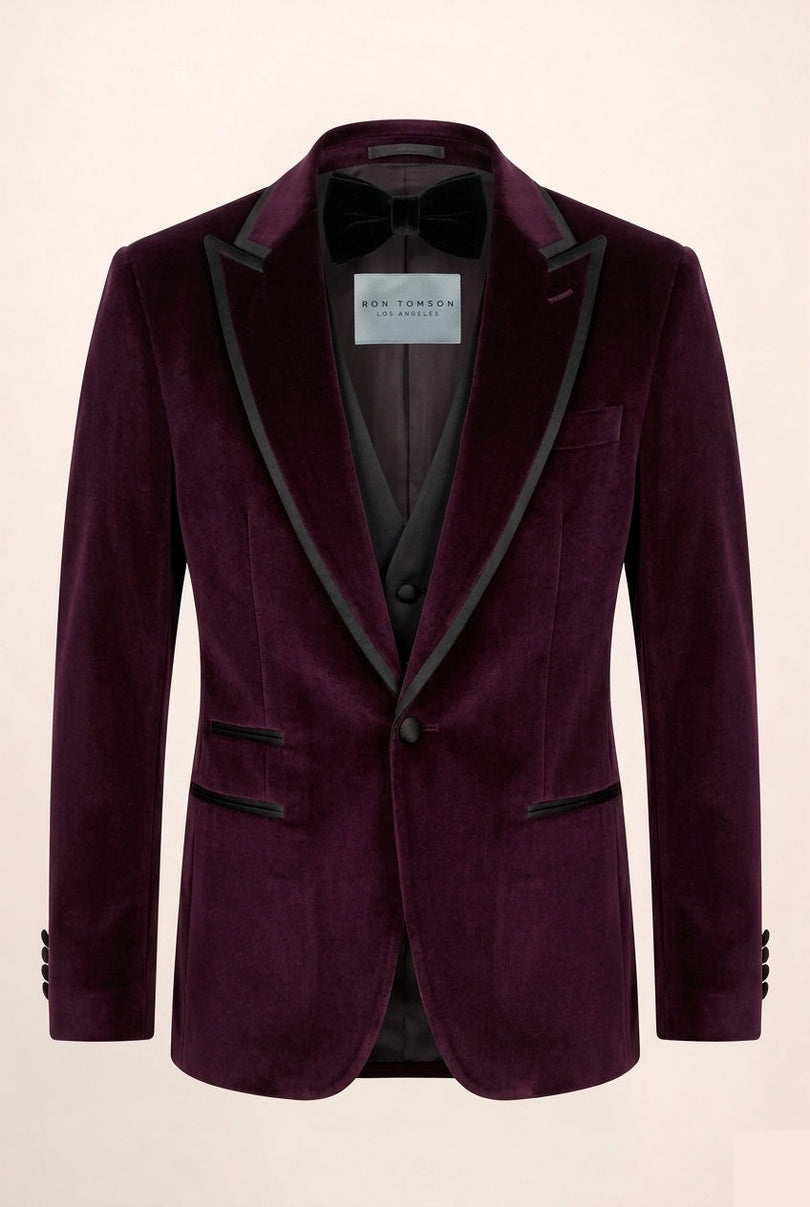 Ron Tomson Trim Peak Lapel Velvet Tuxedo Set - Burgundy