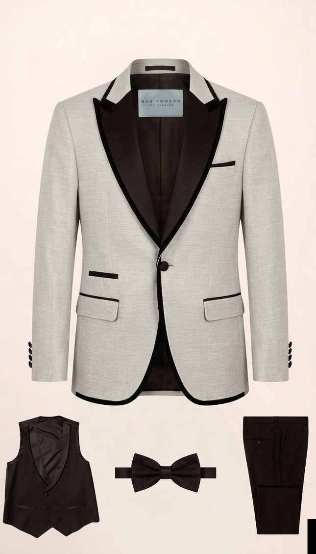 Ron Tomson Contrast Trim Peak Lapel Tuxedo Set - Grey