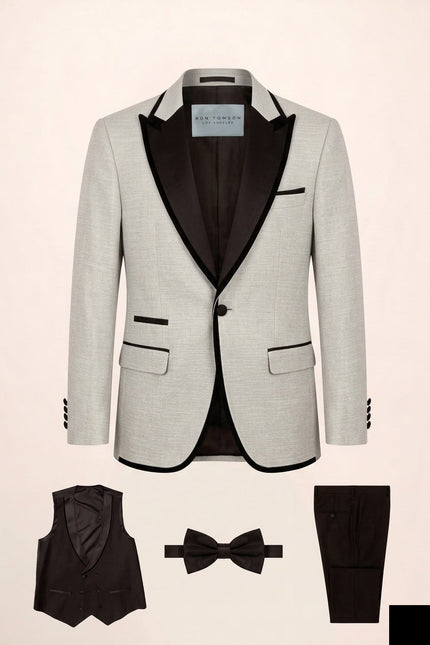 Ron Tomson Contrast Trim Peak Lapel Tuxedo Set - Grey